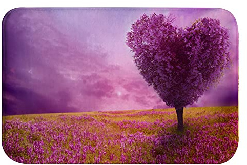 A.Monamour rutschfest Saugfähig Badematte Bewölkter Himmel Baum Der Liebe Herzförmige Lila Baumblumen Im Grasfeld Flanell Badezimmerteppich Badteppich Badvorleger Badewanne Dusche Duschvorleger