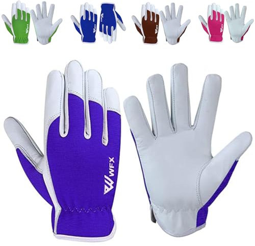 WFX Leder-Arbeitshandschuhe für Gartenarbeiten, atmungsaktiv, dornensicher, Handflächenbau, strapazierfähig, Gartenhandschuhe, Damen und Herren, Gripper Utility (Lila, L)