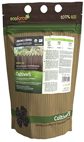 CULTIVERS Engrais Gazon Organique, 1 kg. Engrais granulé 100% Biologique et végétalien à libération Lente et contrôlée à Base de Plantes avec NPK 8-1-5 +74% M.O. et Ác. Humics