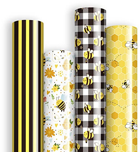 Whaline 12 Blatt Bienen-Geschenkpapier, 4 Stile, niedliches Bienenmuster, Geschenkpapier, gefaltet, Büffelkaros, gestreift, Bienenkunstpapier, 50x70.1 cm, für Frühling, zum Basteln, kein Rollen