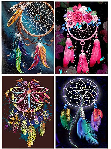 DCIDBEI 4 Pack 5D Diamant Painting Bilder Traumfänger 30x40 cm mit Traumfänger Bastelset DIY Diamant Malerei Kits Malen nach Zahlen für Erwachsene Feder Mosaikherstellung Home Wall Dekoration