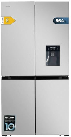 Cecotec Frigorífico Americano 4 Puertas Inox de 560 L Bolero CoolMarket 4D 564 Inox E. 183 cm de Alto, 91 cm de Ancho, Dispensador de Agua, Bajo Consumo, Motor Inverter Plus, Total NoFrost