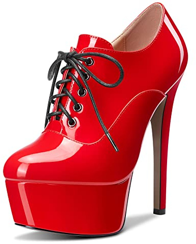 HEUIVZAR Donna Stivaletti Alto High Spillo Tacco Heel Chiusa Punta Verniciata Lacci Scarpe Rosso 15 CM 41 EU