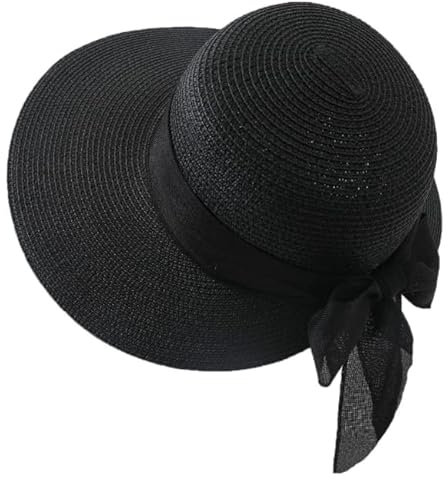 Women Straw Hat with Bowknot Wide Brim UPF 50+ Straw Hat Roll Up Straw Hats Packable Summer Straw Sun Protection Hat Foldable Beach Straw Hat Garden Hat Woven Straw Hat for Outdoor Traveling