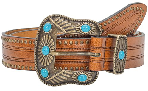 HilyBony Westerngürtel für Damen, Cowboy-Cowgirl, PU-Leder, Blumengürtel mit türkisem Inlay für Jeans und Hosen