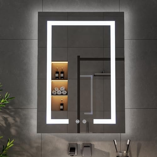 Warmiehomy Bathroom Mirror Cabinets with LED Lights,500x700mm 3 Color Illuminated Bathroom Mirror Cabinet with Shaver Socket Touch Switch Demister Pad