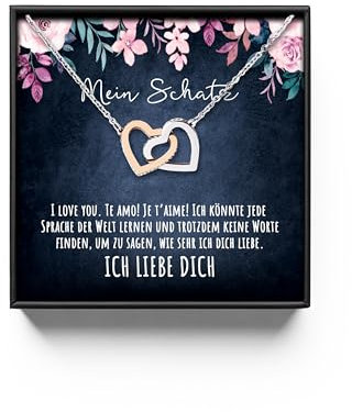 An meinen Schatz Halskette mit Karte Herz Kette mit LED Box und Spruch für Damen Frau Partnerin Freundin oder Verlobte zum Jahrestag Geburtstag Weihnachten (Standard Box - Doppelherz V4)