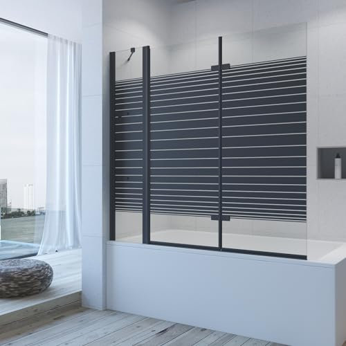 AQUABATOS Mampara de ducha para bañera, color negro, 150 x 140 cm, accesorio para bañera, 3 piezas, plegable, pared de cristal fijo, con estantes de esquina, pared plegable, 5 mm, cristal templado
