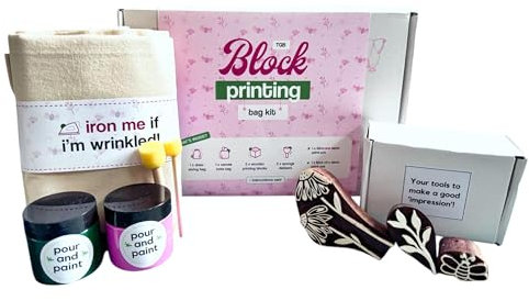 TGB Block Printing Kit - DIY Olive Pink Floral Fabric Block Print Set with Wood Tools, Beginner Kit for Handcrafted Gift Bags, Custom Drawstring Bags for Your Own Design