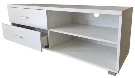 MAKA Mobile TV Soggiorno Moderno in Legno Truciolato Melaminico con Cassetti Ripiani Aperti Armadietti Mobiletto con 5 Gambe in PVC Porta Tv fino a 50 Pollici con Foro Passa Cavi 120x40+44 cm (Bianco)