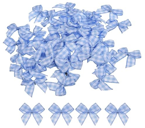 QUARKZMAN 100 Stück Mini Schleifen 25mm Karierte Stoff-Satinband Klein Weihnachtsschleifen Vintage Bogen zum Basteln DIY Haar Geschenk Nähen Hochzeit Geburtstag Weihnachtsdeko, Blau Weiß