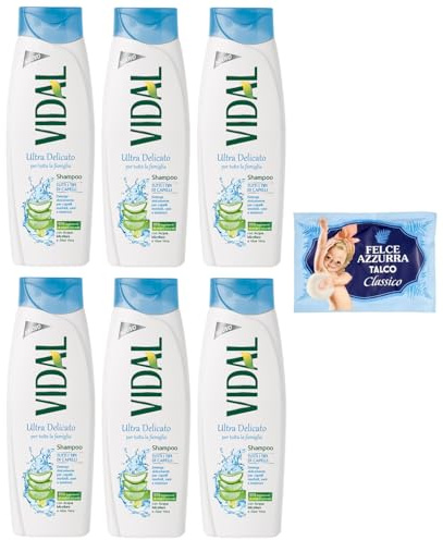 6er-Pack Vidal Shampoo Ultra Delicato Tutti i Tipi di Capelli,Shampoo für alle Haartypen geeignet,250ml + 1er-Pack Kostenlos Felce Azzurra Talkumpuder, 100g-Beutel