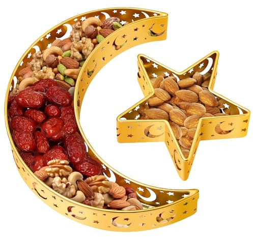 2 Stück Eid Mubarak Tablett, Mond Stern Serviertablett, Eisen Dessert Teller, Ramadan Eid Mubarak Trays Platten, Eid Mubarak Dekoration, Ramadan Essen Dessert Tablett, für Dessert Gebäck Ramadan Deko