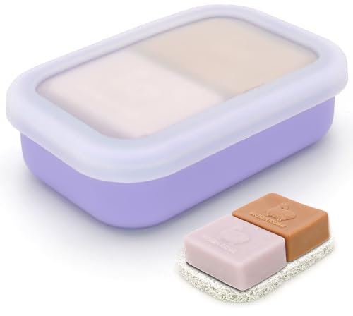 AIDIMMING Enhanced Leakproof Silicone Travel Shampoo bar Holder, Shampoo and Conditioner Bar Container, Soap Box for Handmade Soap, Shatterproof Soap Holder for Save Soap (Clear&Violet)