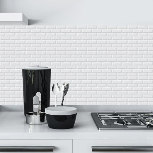Piastrelle Adesive Cucina 20X40Cm Bianco Mattonelle Adesive Cucina,Piastrelle Adesive Muro,Pavimento Pvc Adesivo,Carta Da Parati Adesiva Muro,Piastrelle Bagno