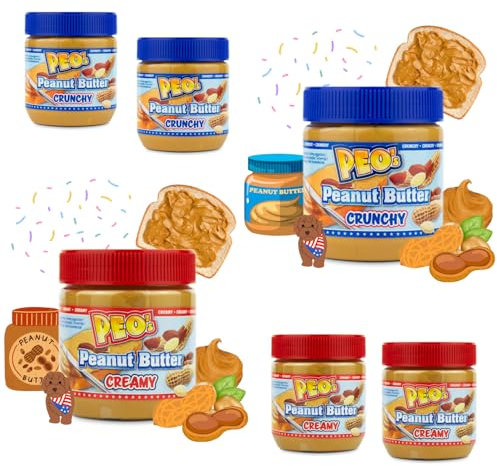 PEO's 6 x 340 g Mantequilla de maní crujiente y cremosa, 3 unidades cada una, paquete de ahorro de mantequilla de cacahuete natural – Finamente tostada Extra Smooth y 90% de cacahuetes con sabor