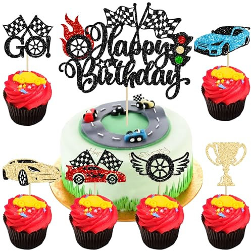 Gyufise 25Pcs Car Happy Birthday Cake Topper Race Car Cupcake Toppers Racing Car Theme Cake Decoration for Trophy Flag Race Car Theme Kids Birthday Party Supplies