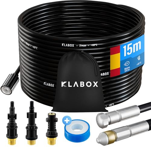 KLABOX Desatascador Tuberias a Presion 15m | Desatascador Karcher compatible con Karcher K2-K7, Lavor, Bosch, Parkside y más Marcas | Incluye 3 Adaptadores, 2 Boquillas, 1 Bolsa y 1 Cinta Teflón