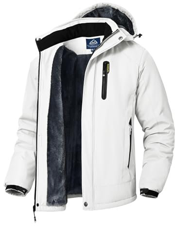 Rdruko Giacca da sci da uomo impermeabile invernale isolata in pile con cappuccio cappotto da montagna all'aperto, bianco, X-Large