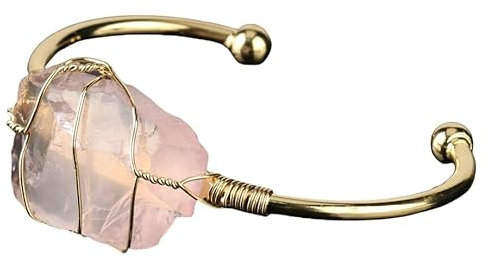 CYHROO Bead Bracelets for Womens,Natural Large Irregular Rose Quartz Crystal Bracelet, Gold Adjustable Cuff Bangles Bracelet,Energy Gemstone Bracelets for Women Men