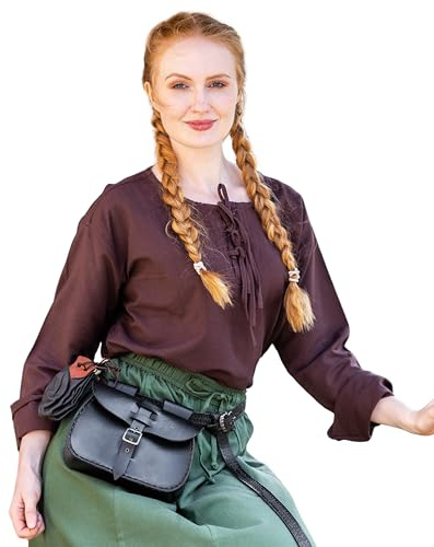 Leonardo Carbone® Damen Bluse Tilda | Schnürung Vorderseite | Mittelalter Design | Karneval, Halloween, Cosplay, LARP, Tunika, Hemd, Oberteil, Kostüm | 100% Baumwolle Braun S
