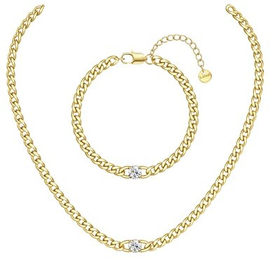 Adramata Halskette Kette Armband für Damen Herren 4.5MM Breite Edelstahl Kette 14K Vergoldet Halskette Armband Set Wasserfest Zirkonia Silberkette, 40/45/50CM Einstellbare Länge