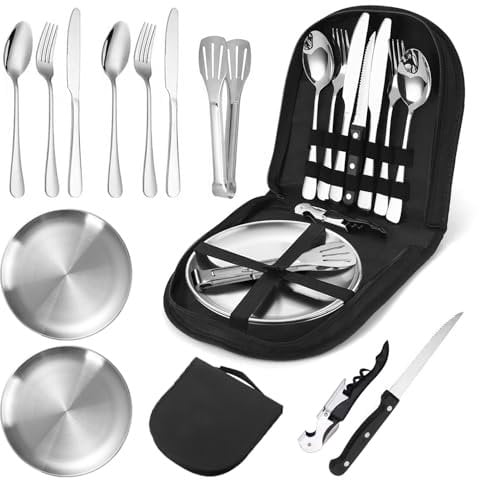 Set de Couvert Camping Vaisselle pour 4 personnes, 12 Vaisselle Camping en Acier Inoxydable avec Sac de Rangement,Réutilisable Couverts Camping Convient pour Les Voyages,Camping,Randonnée