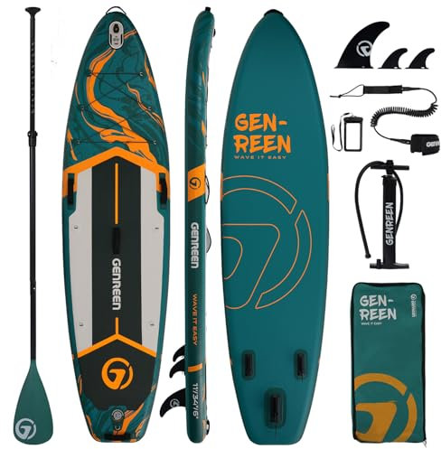 GENREEN Stand-Up Paddle Boards, 11ft Inflatable Paddle Board with SUP Accessories, Non-Slip Deck, Dual PVC Layer, 3 Fin, 33 in Extra Wide Stable All-Around Paddleboard for Youth & Adults(Jungle Green)