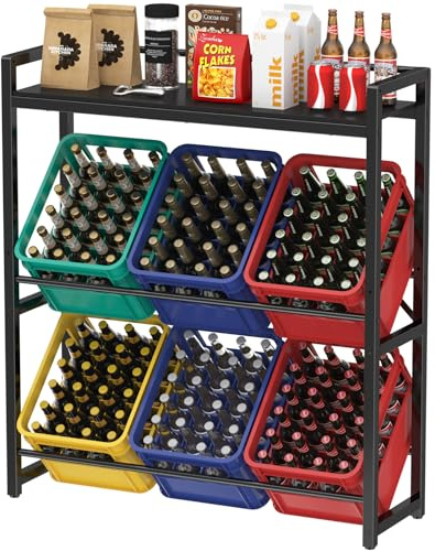 Lifewit Getränkekistenregal 6 kisten mit Ablage aus Metall, Schwarz | Stabil Kistenregal trag. 340 kg, Getränkeregal, Bierkisten Regal, Wasserkasten Regal für Bier Getränke Wasser Gemüse Obst bar