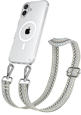 EAZY CASE Handykette - Verstellbares Taschenband kompatibel mit iPhone 16 Plus, Schulterriemen, Handykordel mit Silikon Hülle, Qi Charging kompatibel, Umhängetasche, Beige Blau Silber