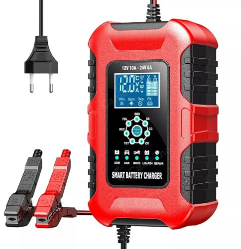 Huzoomtoyz 10A Autobatterieladegerät 12V /24V Intelligentes KFZ Batterieladegerät mit Ladung LCD-Display für Auto, LKW, Motorrad, Boot Kompatibel mit Blei-Säure AGM EFB LiFePO4 Batterien