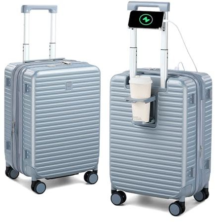 HanTrip Maleta Rígida De 20 , Apta Para Llevar Como Equipaje De Mano En Aerolíneas, Con Ruedas, Expandible, Con Portavasos Y Cargador Integrados. Maleta Pequeña Y Ligera, Color Plata.