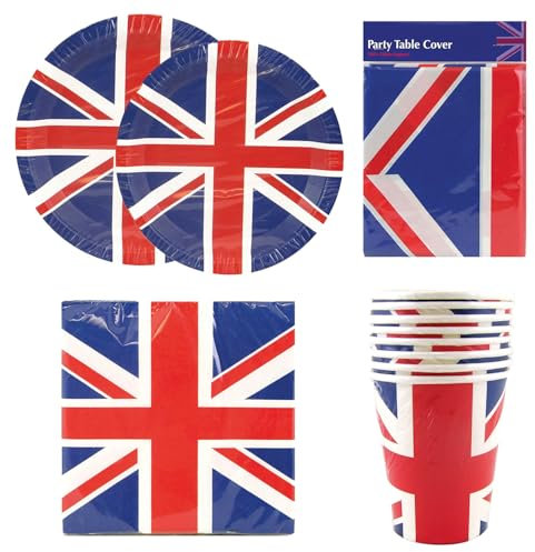 Union Jack 61 Piece Party Bundle – VE Day 80th Anniversary British Tableware Set with 23cm & 18cm Paper Plates, Cups, Napkins & Tablecloth – UK Red White Blue Patriotic Decorations