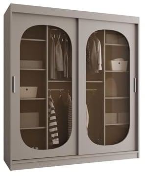 Mirjan24 Kleiderschrank Bimaza 180 mit Schubladen und Glastüren - Rauchglas, Schiebetürenschrank mit einlegeböden und Kleiderstange, Garderobenschrank (Cashmere, ohne Beleuchtung)