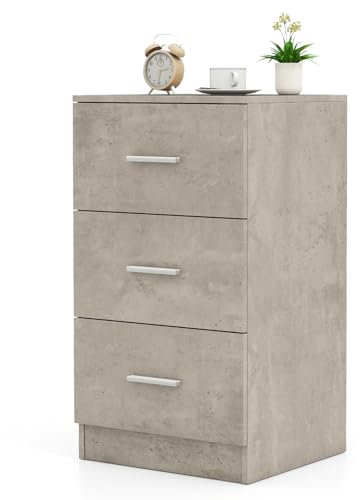 COSTWAY Nachttisch mit 3 Schubladen, Hochglanz Nachtschrank, Nachtkommode für Boxspringbett, 37 x 34 x 66,5 cm, Zementgrau