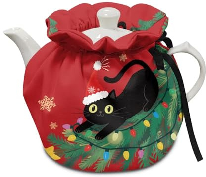 Poceacles Teapot Dust Cover Tea Cosy for Teapots Decorative Tea Kettle Cover with Insulation Pad Keep Breakfast Warm for Kitchen Home Table Top, Black Cat Christmas Snowflake Tree Red
