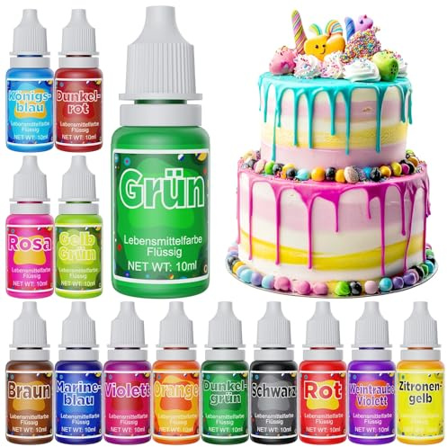 Lebensmittelfarbe - 14 Farben Lebensmittelfarben Food Coloring, Essbare Tortendeko Kit für Lebensmittel Farben, Flüssige Lebensmittelfarbe für Eier Färben, Fondant, Makronen - 10 ml Bottle