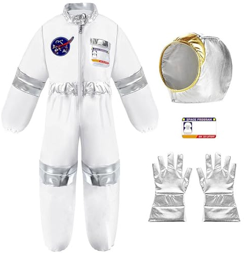 Generisch Astronaut Kostüm kinder Silberne 3Pcs Astronautenkostüm Kind Astronautenoverall Astronauten Helm Handschuhe Weltall Mädchen Jungen Raumfahrer Spaceman Outfit 104 116 92 Gelb Einfarbige