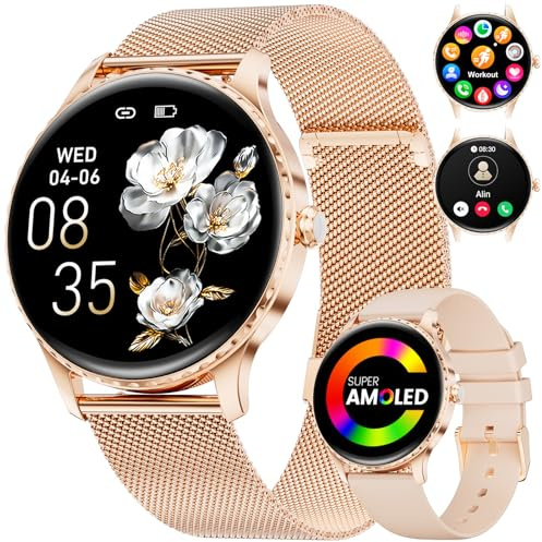 Reloj Inteligente Mujer Redondo,1.32Amoled/Llamadas Bluetooth,SmartWatch Mujer con Función Femenina/Monitor de Sueño/24H Pulsometro,110+ Deportes/IP68 para iOS Android (Malla de oro rosa)