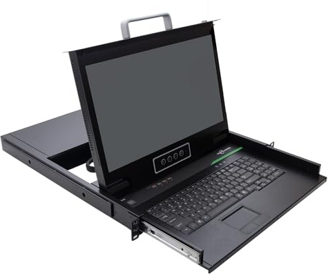 Console KVM per montaggio su rack 1U Monitor 17.3'' 1080P, 4 porte HDMI KVM Switch Touchpad Tastiera Cassetto in metallo, Interruttore tramite pulsanti, tasti di scelta rapida e OSD, 17,7 W x 20,6 P
