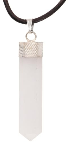 GURU SHOP Hexagon Anhänger aus geschliffenem Calcit, Unikat | Einzigartiger Edelsteinanhänger, silberne Metallkapsel, 80 cm Lederband, natürliche Farben und Maserungen.