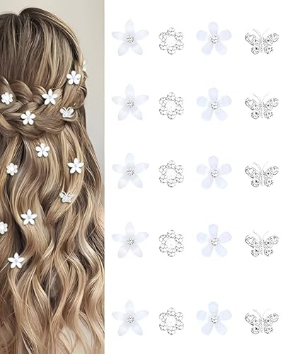 HAPZUR 20 pezzi fermagli a forma di fiore, mini con strass e brillantini, forcine in metallo, mollette per donne e ragazze, accessori sposa, decorazioni per capelli, per matrimoni (4 motivi floreali)
