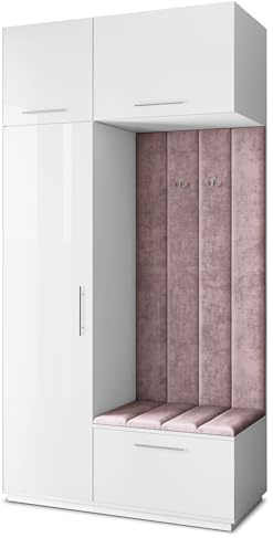Masseno Flugarderoben Set Rema, Kleiderschrank-Set mit Sitzbank, Garderobenschrank Flur mit 5 Regalböden, Weiß