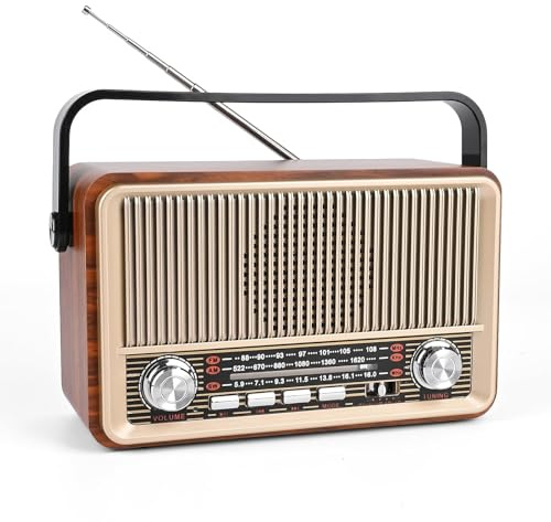 Radio Vintage Portátil Am/FM/SW con Batería Recargable y Funcionamiento a Pilas, Bluetooth, Reproducción USB/TF/AUX, Radio Antigua Vintage para Casa, Jardín y Camping
