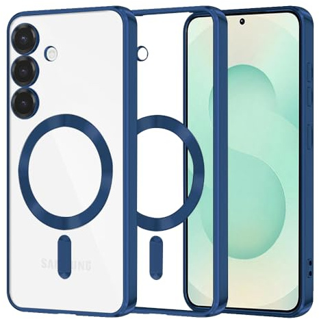 Techsuit für Samsung Galaxy S25 Plus Hülle mit Magnetring, Kristallklares Design, Farbige Akzente, Erhöhte Kanten, Kameraschutz, Luxury Crystal Magnetic Series, TPU, Tiefblau