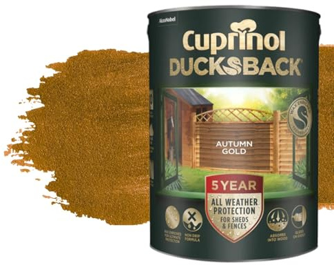 Milena 5L Ducksback Autumn Gold Waterproof Shed Paint, Wax Enriched Fence Paints 5 Year All Weather Protection, Non Drip, Renovate Garden Furniture Quick Drying (Autumn Gold, 5 Liters)