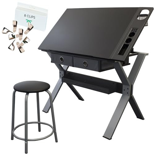 STATIONERY ISLAND Drawing Table Nauru - Art and Crafts Desk - Height Adjustable Artist Drafting Table - Tiltable - Storage, Stool & Clips - For Graphic Design, Drawing, Painting, Work & Study