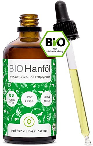 Bio Hanföl für Hunde und Katzen 50ml I 100% Natürlich und Kaltgepresst - Unterstützung für Fell & Haut durch Omega 3-6-9, Beruhigungsmittel für Hunde - DE-ÖKO-060