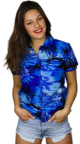 King Kameha Funky-Hawaii-Bluse-Hemd, Damen, Kurzarm, Surf, Mono-Blau, 4XL