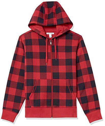 Amazon Essentials Herren Fleece-Kapuzenpulli mit durchgehendem Reißverschluss (erhältlich in den Größen Big & Tall), Schwarz Rot Buffalokaros, M